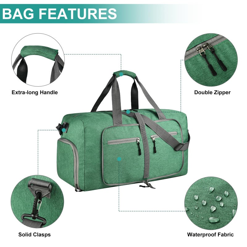 Dimayar 65L Travel Duffle Bag for Men Women - Foldable Duffel Bag with Shoes Compartment - Overnight Bags Waterproof & Tear Resistant(Forest Green) - Image 3